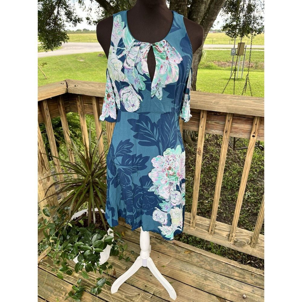 Anthropologie Maeve Floral Fit N Flare Cold‎ Shoulder Turquoise Dress Sz 6 $138 - Picture 2 of 15